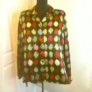 Alfred Dunner Womens 12 Green Multi Color Dot Button Down Long Sleeve Blouse‎
